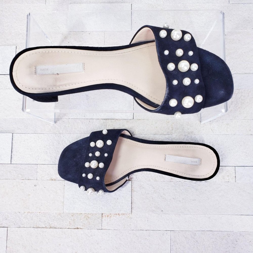 H&M Sandal Premium Black Suede Pearl Mules Slides 7 - Picture 10 of 11